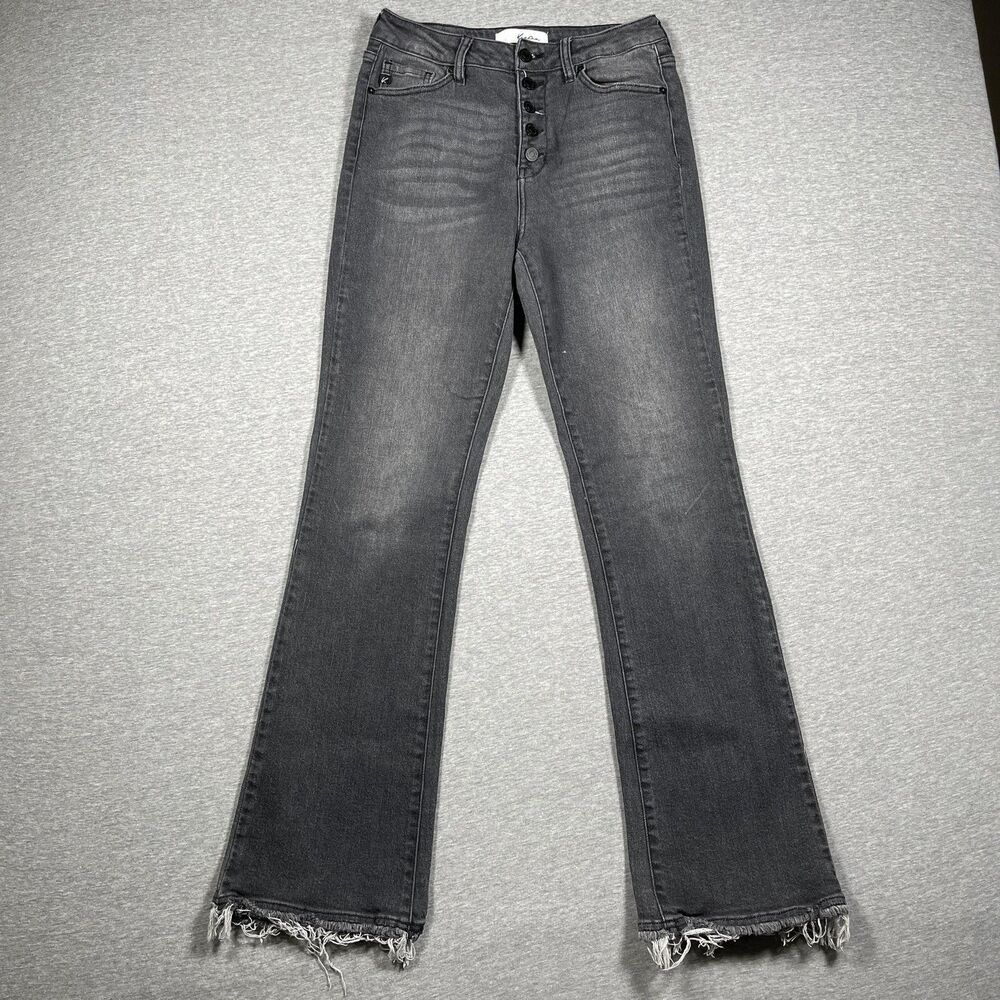 KanCan Jeans Juniors 9/28 Gray Flared High Rise Stretch Distressed Fringe Button